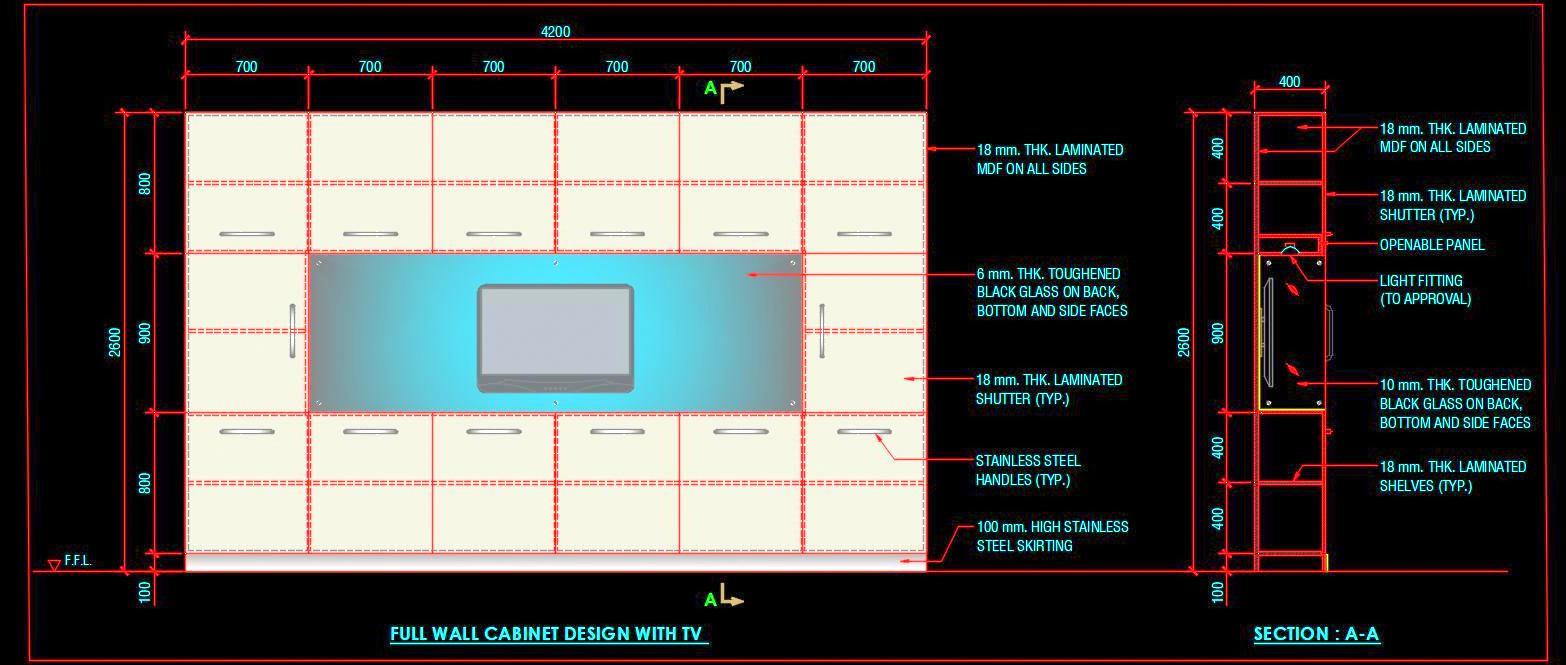 Full Wall Cabinet with TV Space - AutoCAD Design